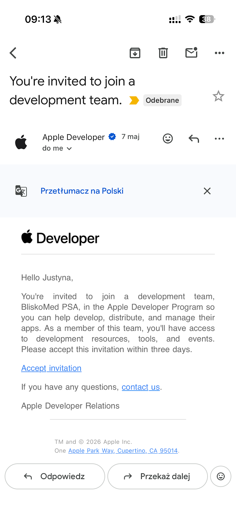 Krok 2 - zaproszenie do zespołu Apple Developer