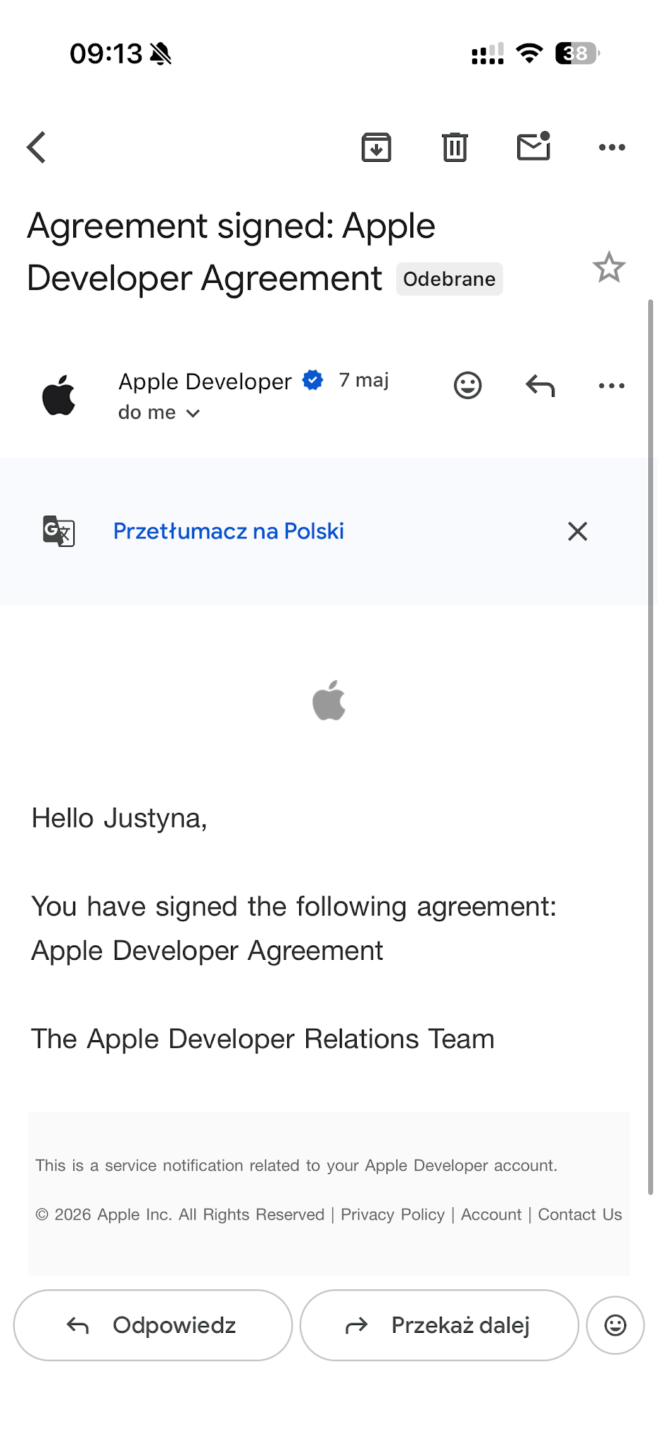 Krok 3 - potwierdzenie Apple Developer Agreement