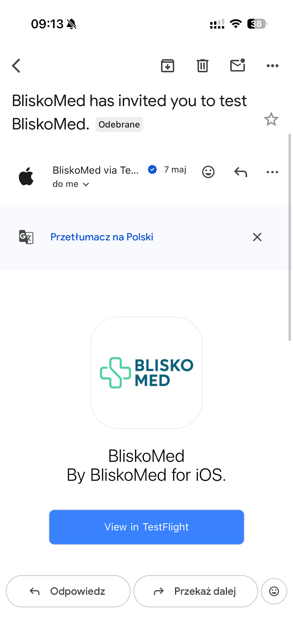 Krok 4 - zaproszenie do BliskoMed przez TestFlight