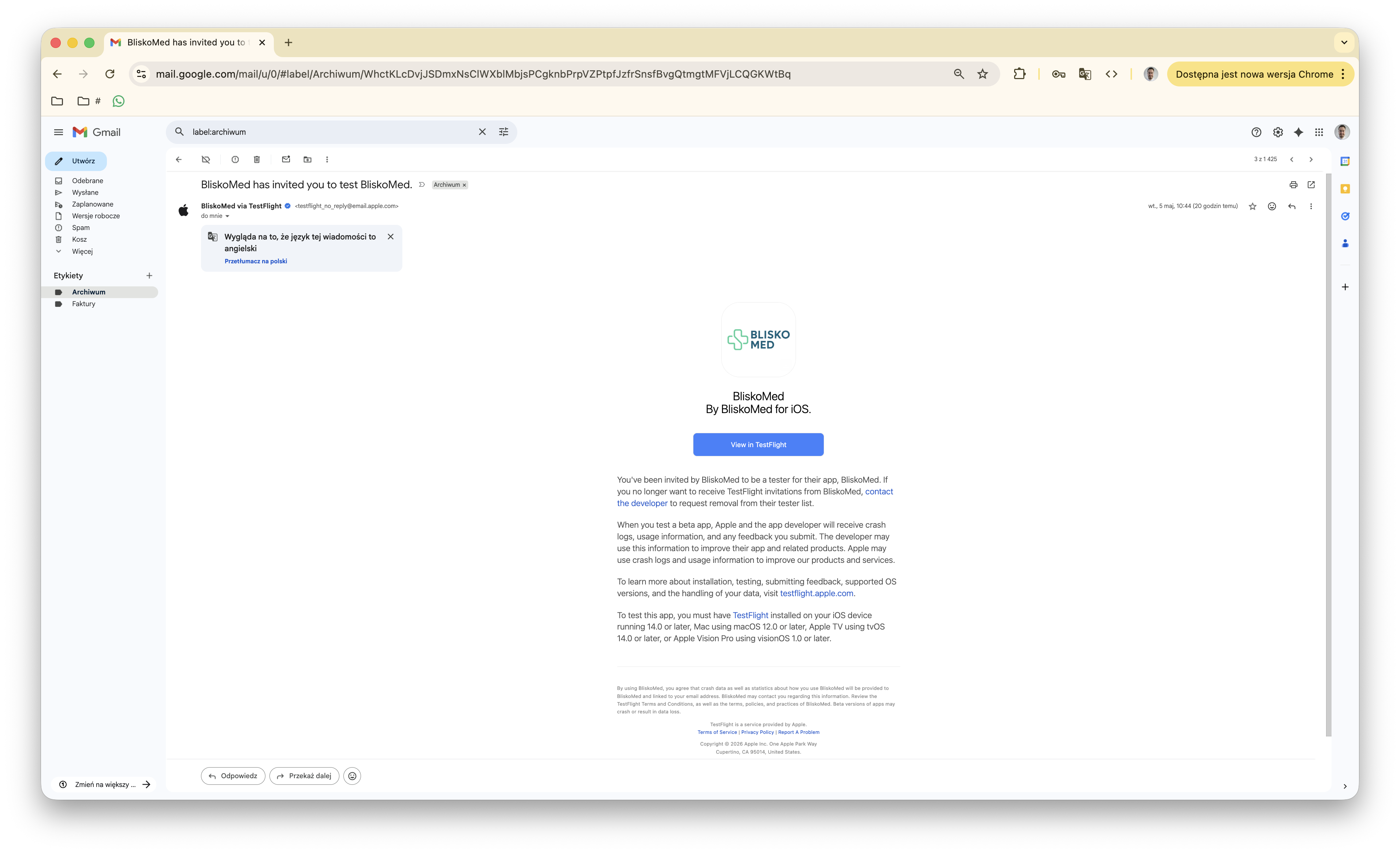 Krok 2 - zaproszenie TestFlight od Apple
